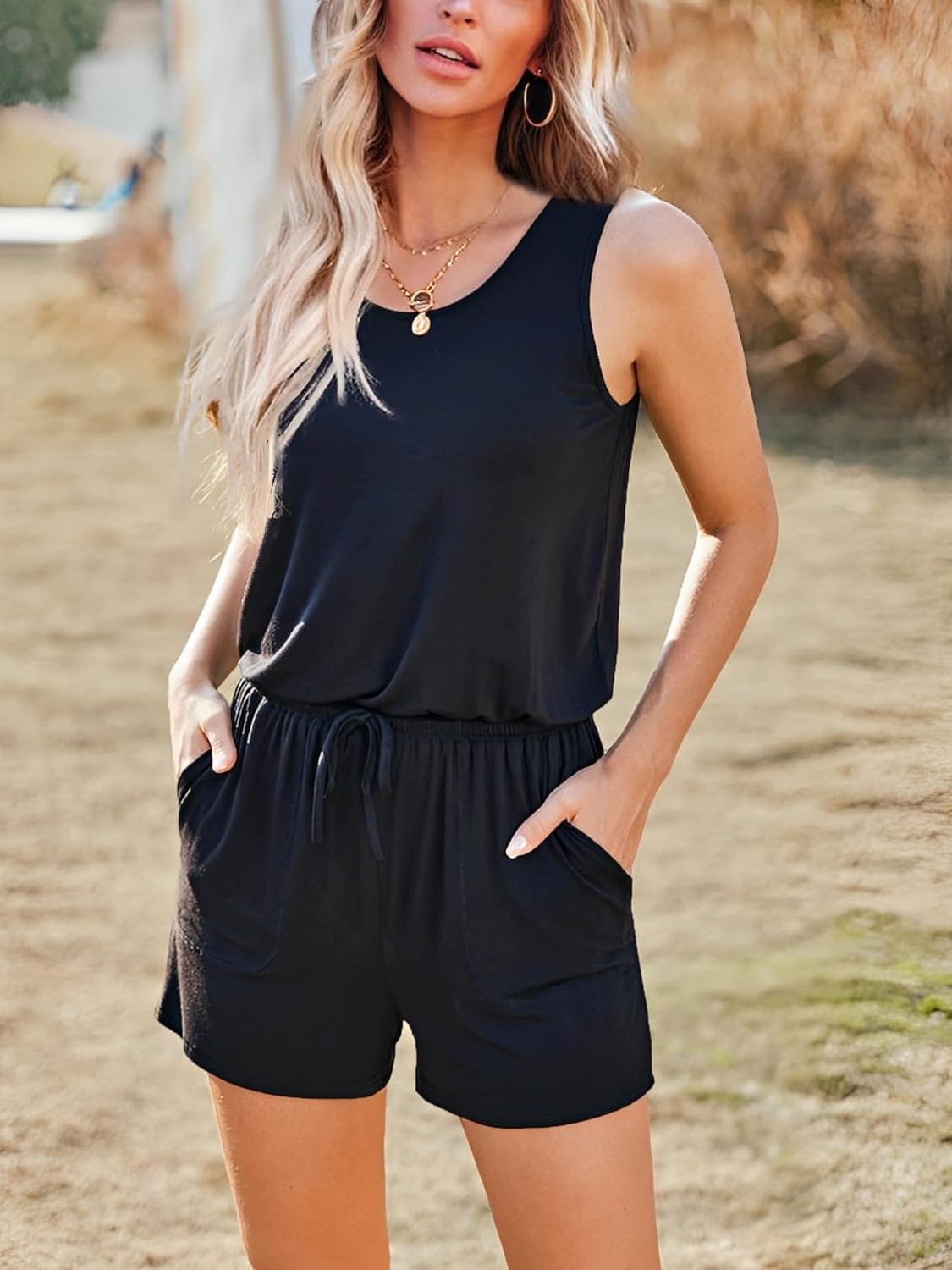 Women's Sleeveless Scoop Neck Tank Short Rompers with Pockets