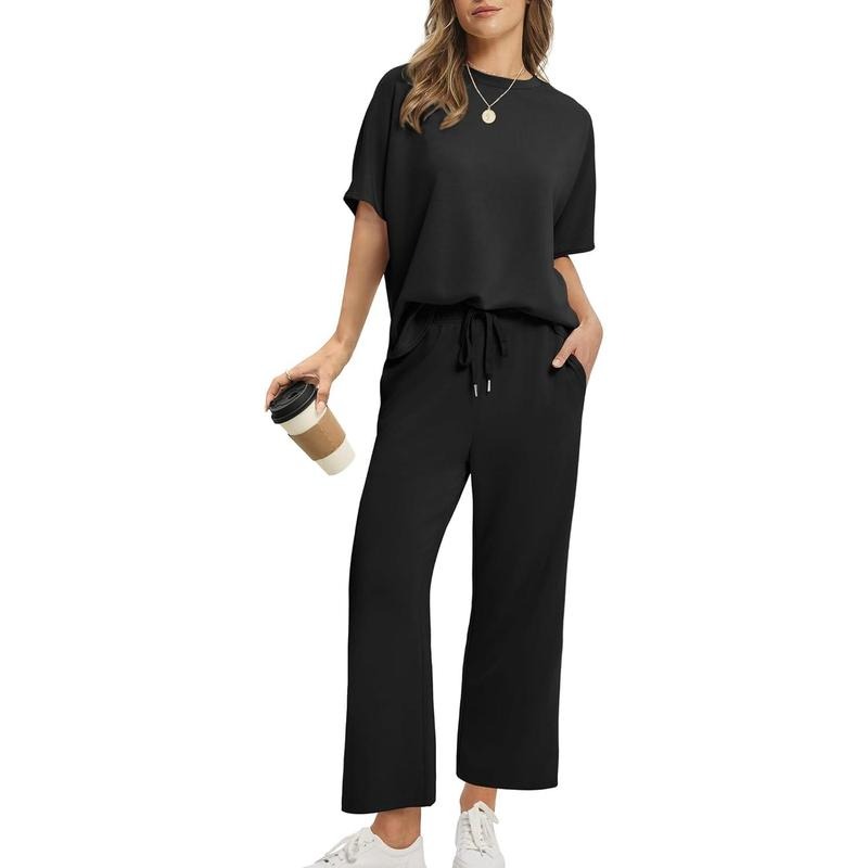  Women Oversized Wide Leg Crop Pants Lounge Sets Airport Beach Vacation