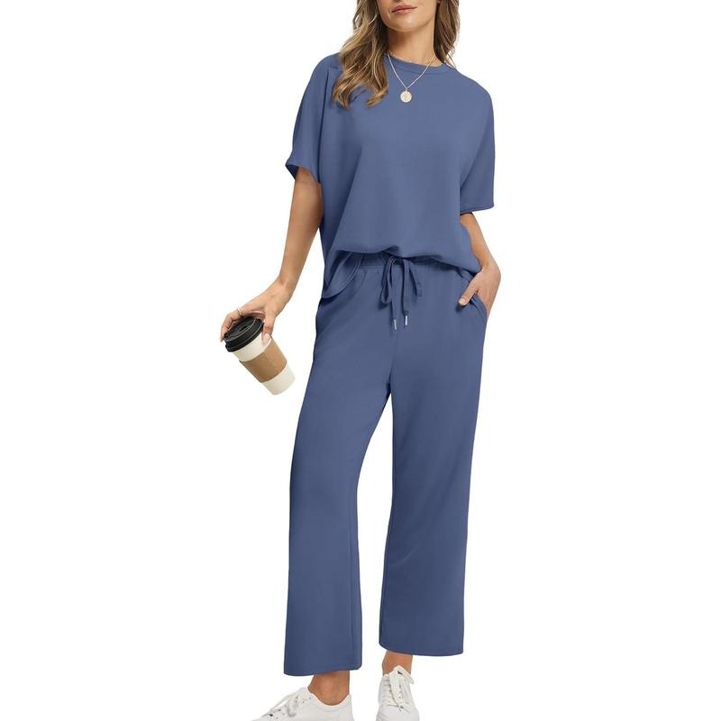  Women Oversized Wide Leg Crop Pants Lounge Sets Airport Beach Vacation