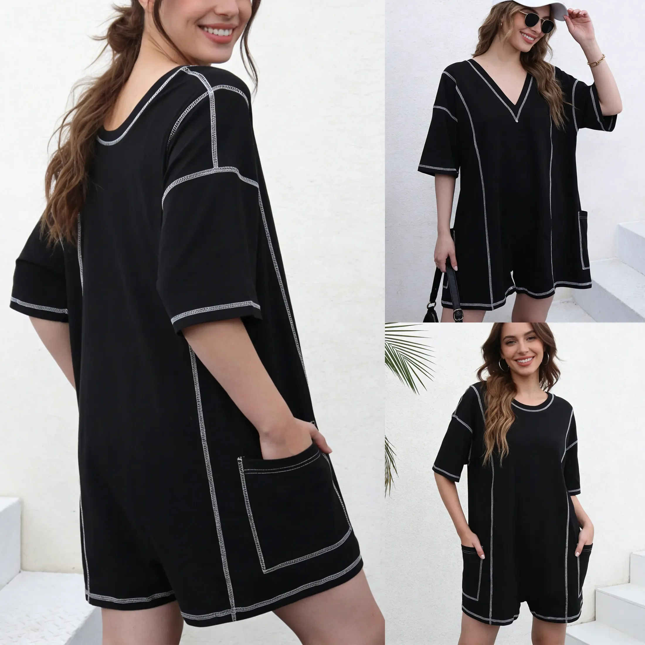 ✨Women’s Reversible Short Sleeve Romper with Contrast Stitching and Pockets 