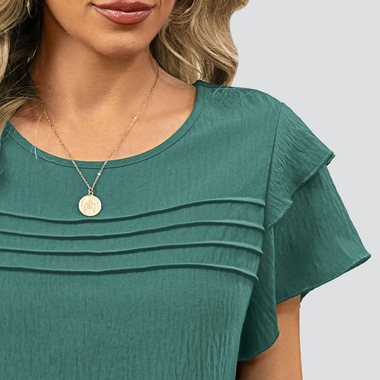 ✨Women's Summer Ruffle Short Sleeve Crew Neck Pleated Front Tops 