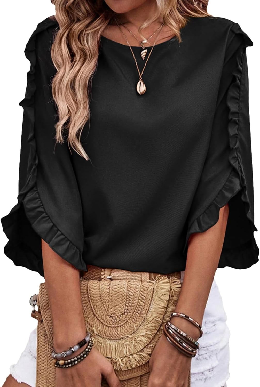 🔥Womens 3/4 Length Sleeve Blouses Crewneck Ruffle Sleeve Shirts 