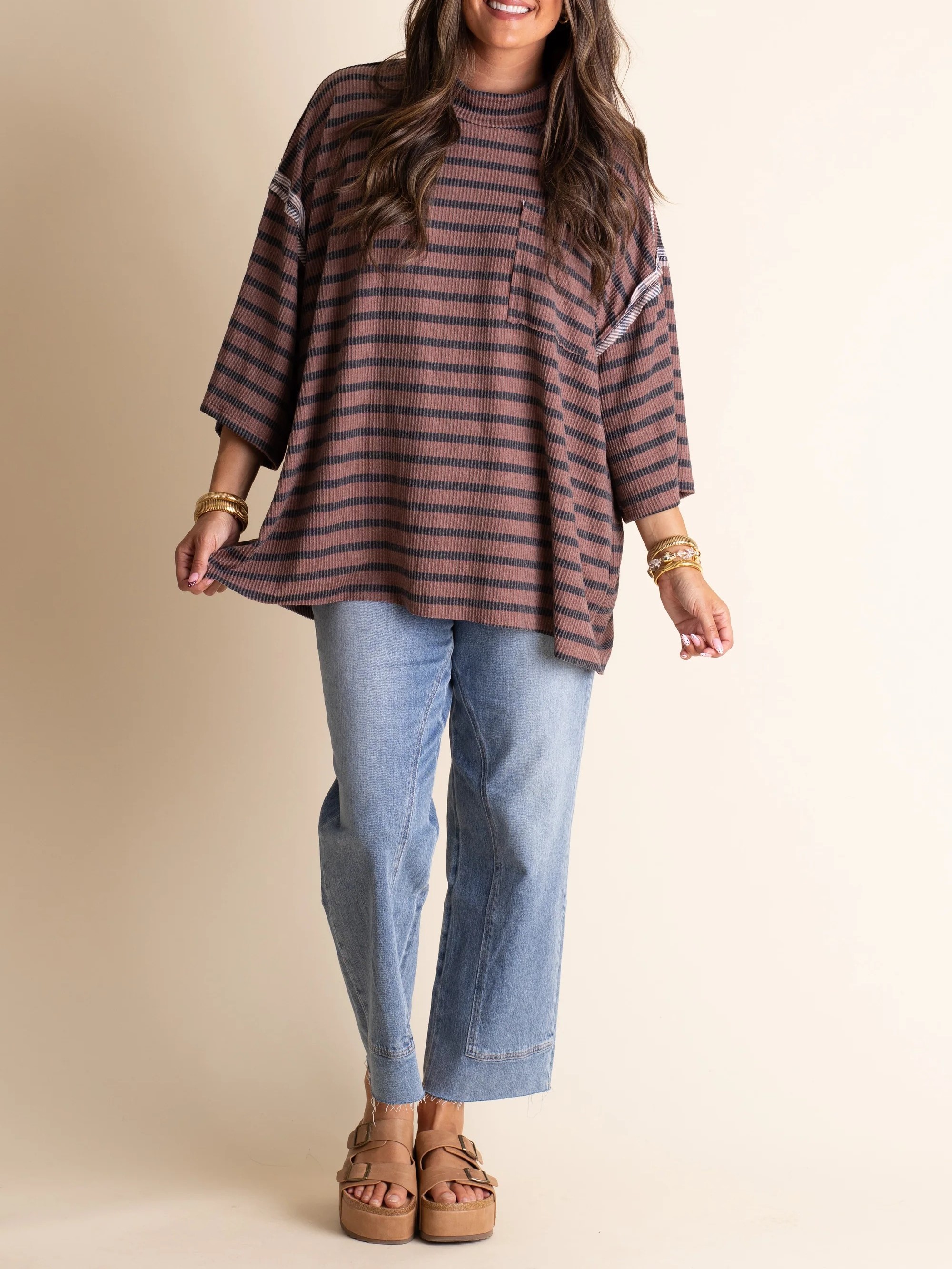HOT SALE Womem's Oversized Ribbed Striped Crew Neck Pocket Top