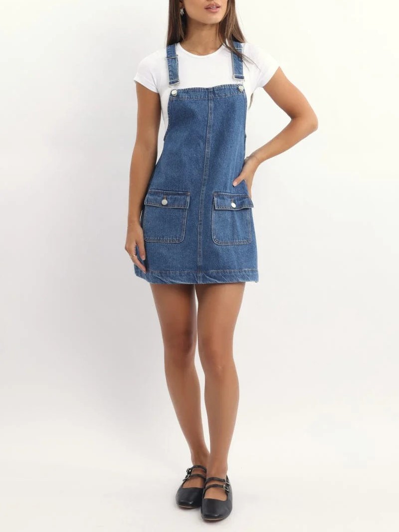 Women's Adjustable Straps Denim Overall Mini Dress with Pockets