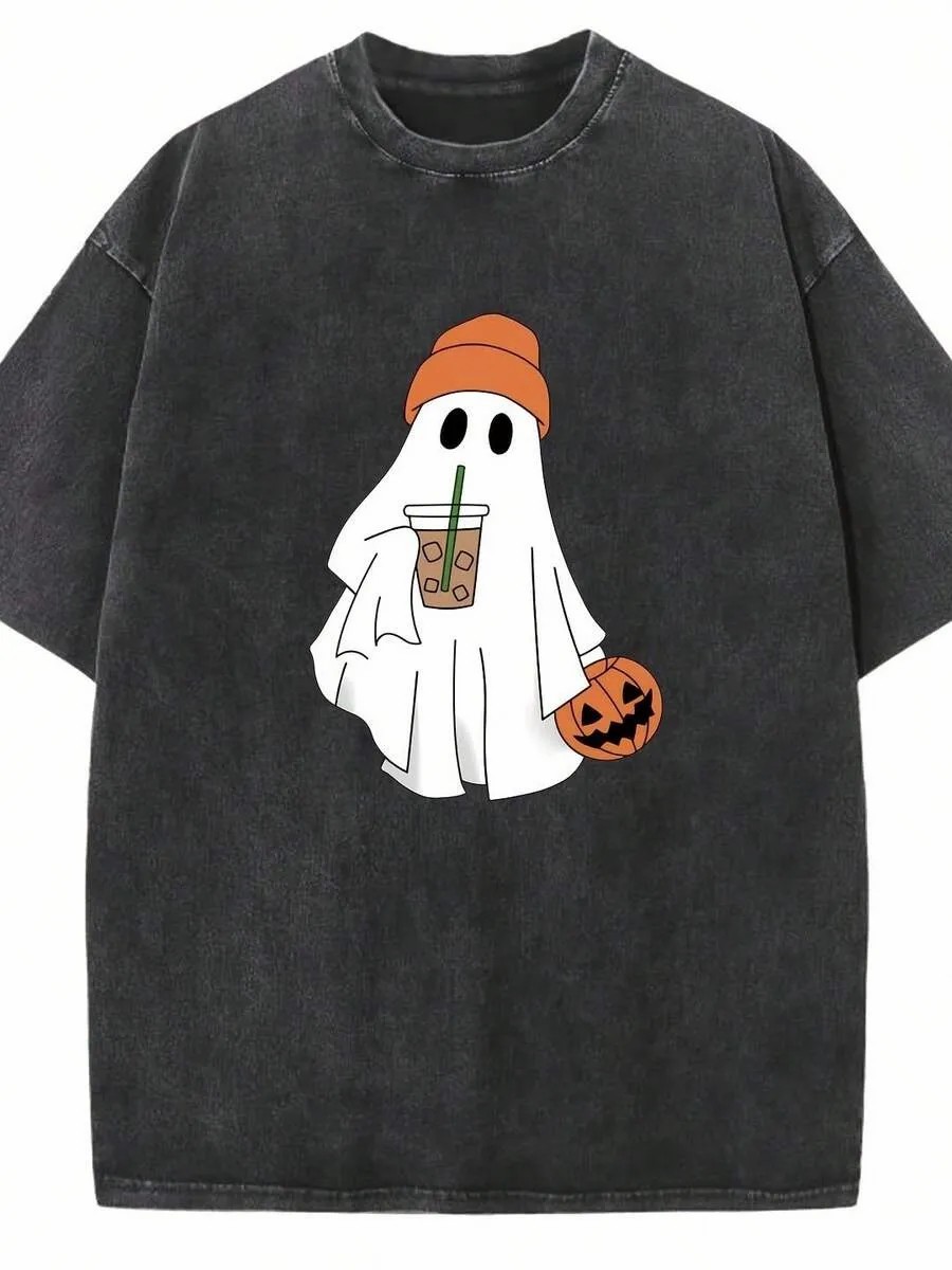 Vintage Halloween Cute Pumpkin And Ghost Print Washed T-Shirt 