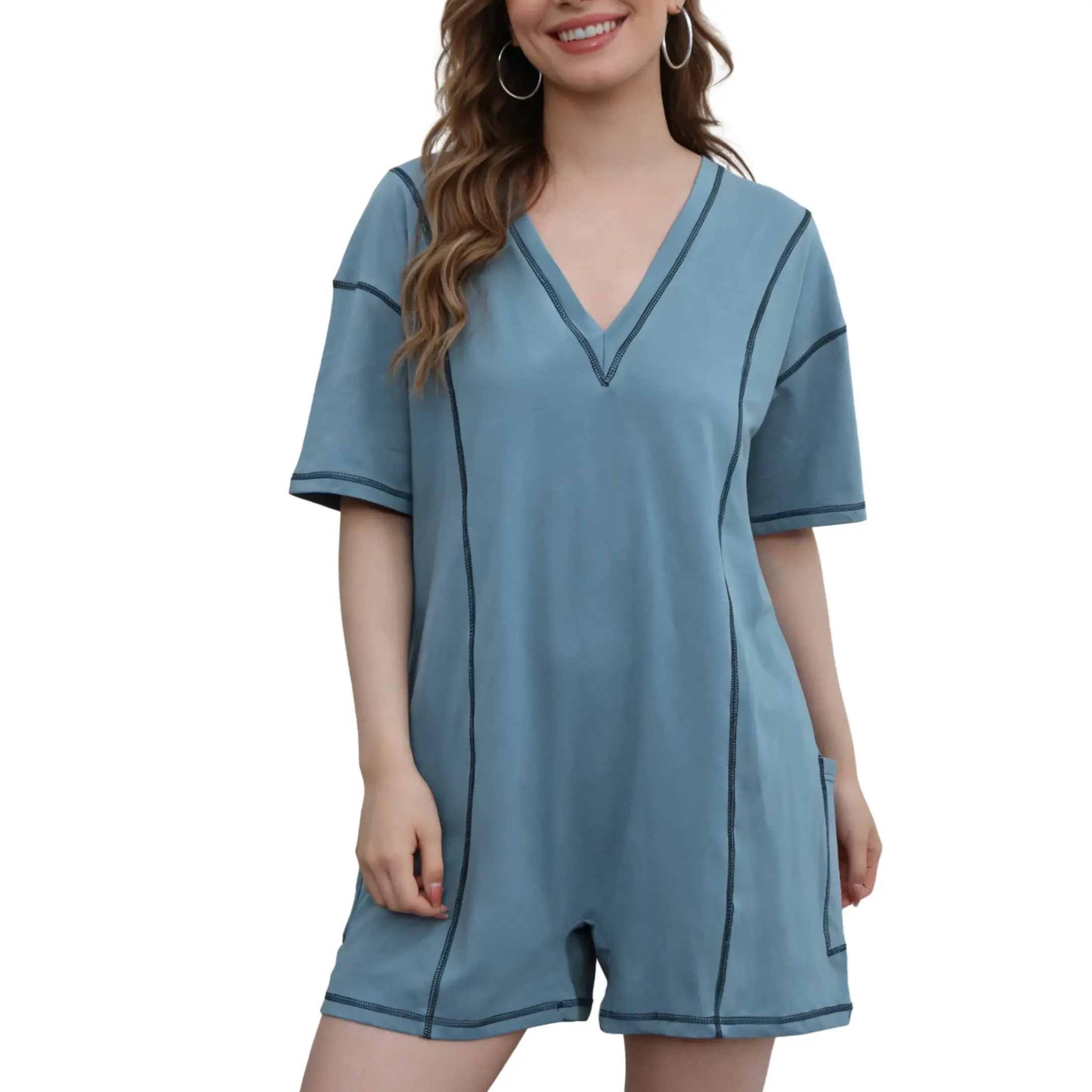 ✨Women’s Reversible Short Sleeve Romper with Contrast Stitching and Pockets 