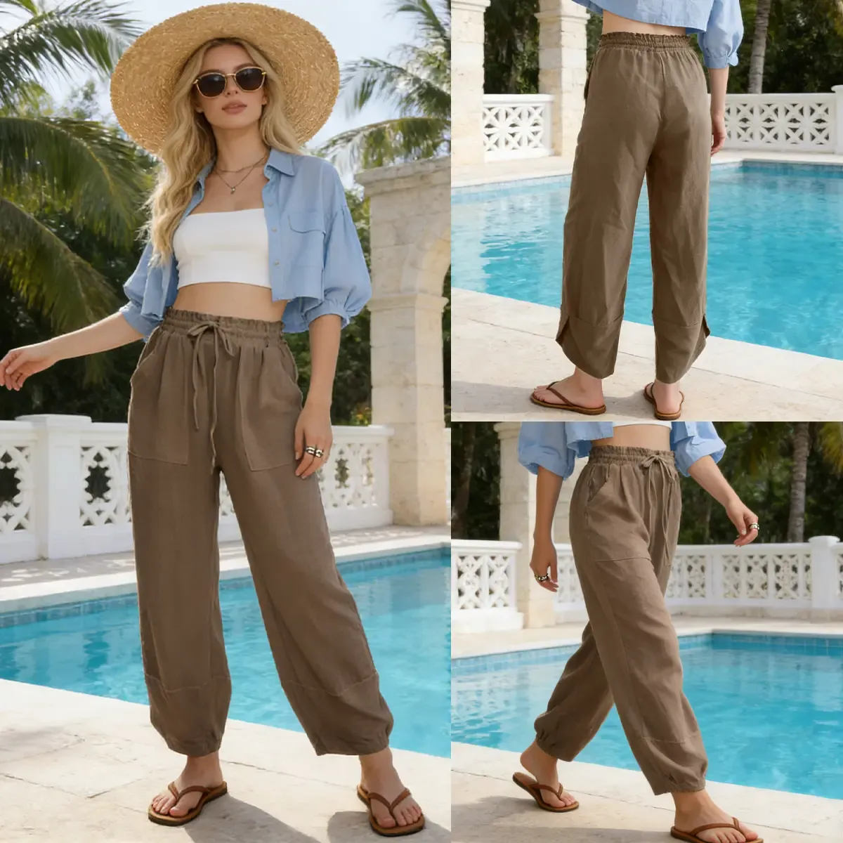 🔥Women's Linen Loose Casual Capri Pants Elastic Waistband with Pockets