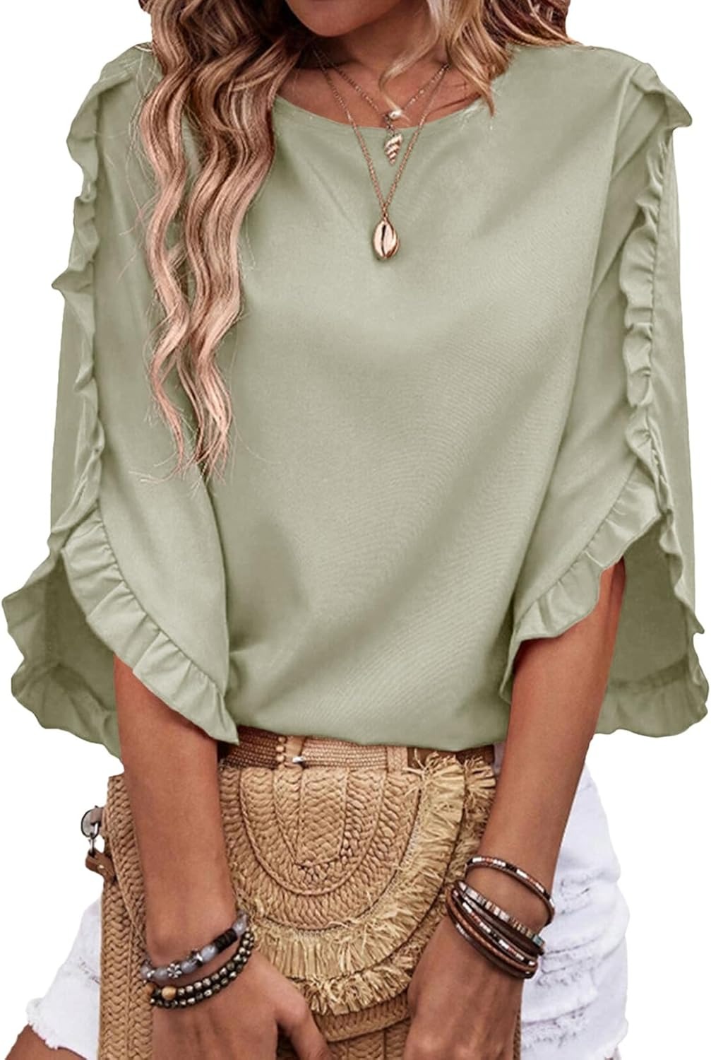 🔥Womens 3/4 Length Sleeve Blouses Crewneck Ruffle Sleeve Shirts 