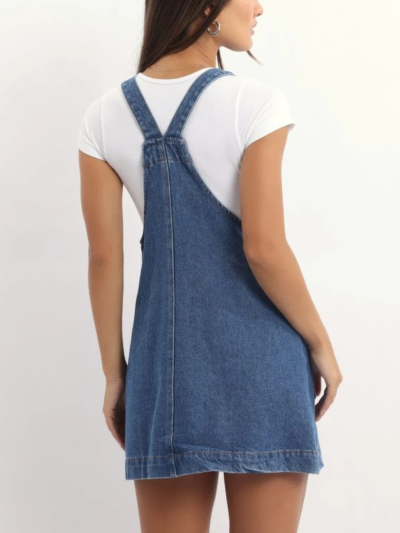 Women's Adjustable Straps Denim Overall Mini Dress with Pockets