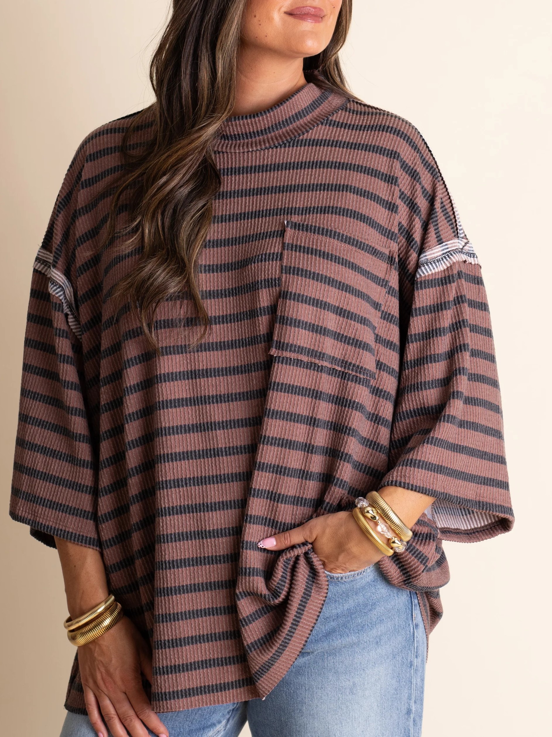 HOT SALE Womem's Oversized Ribbed Striped Crew Neck Pocket Top