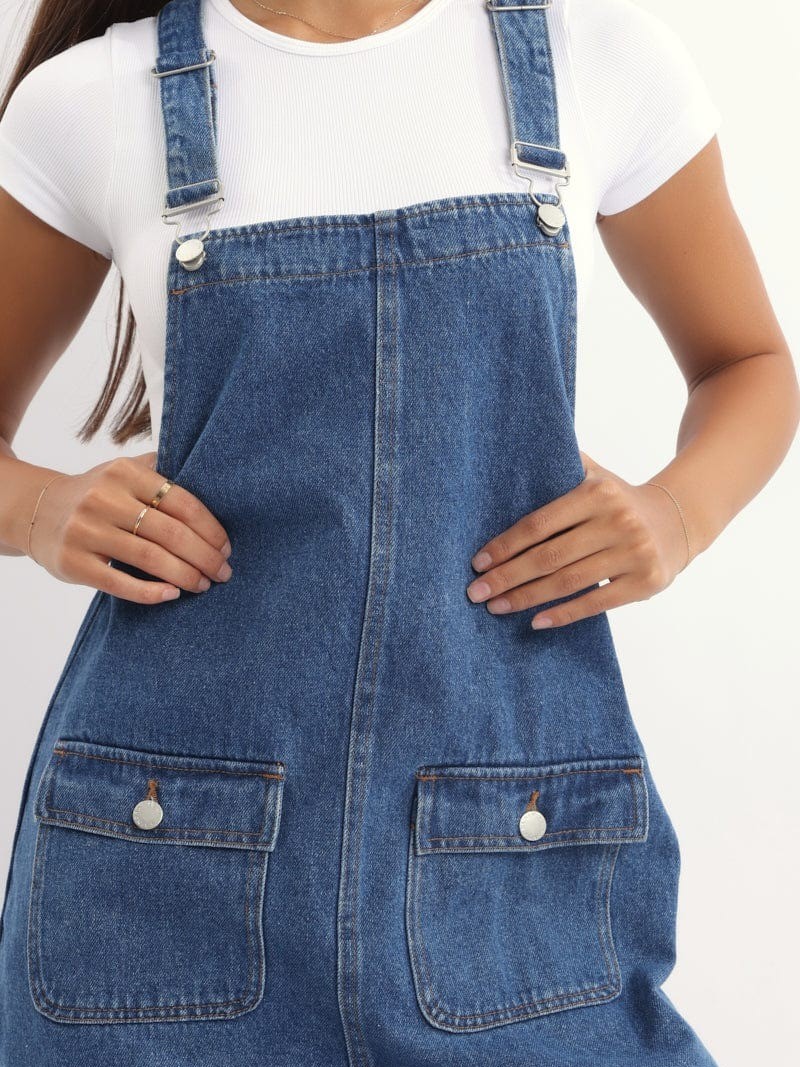 Women's Adjustable Straps Denim Overall Mini Dress with Pockets