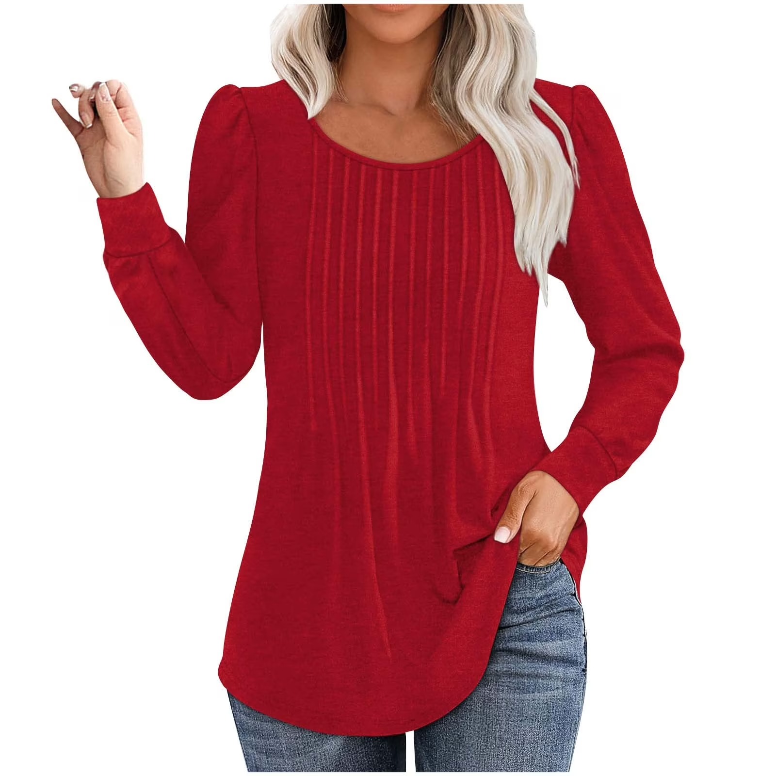 ✨Womens Dressy Long Sleeve Pleated Tops Casual Chic Crew Neck Blouses