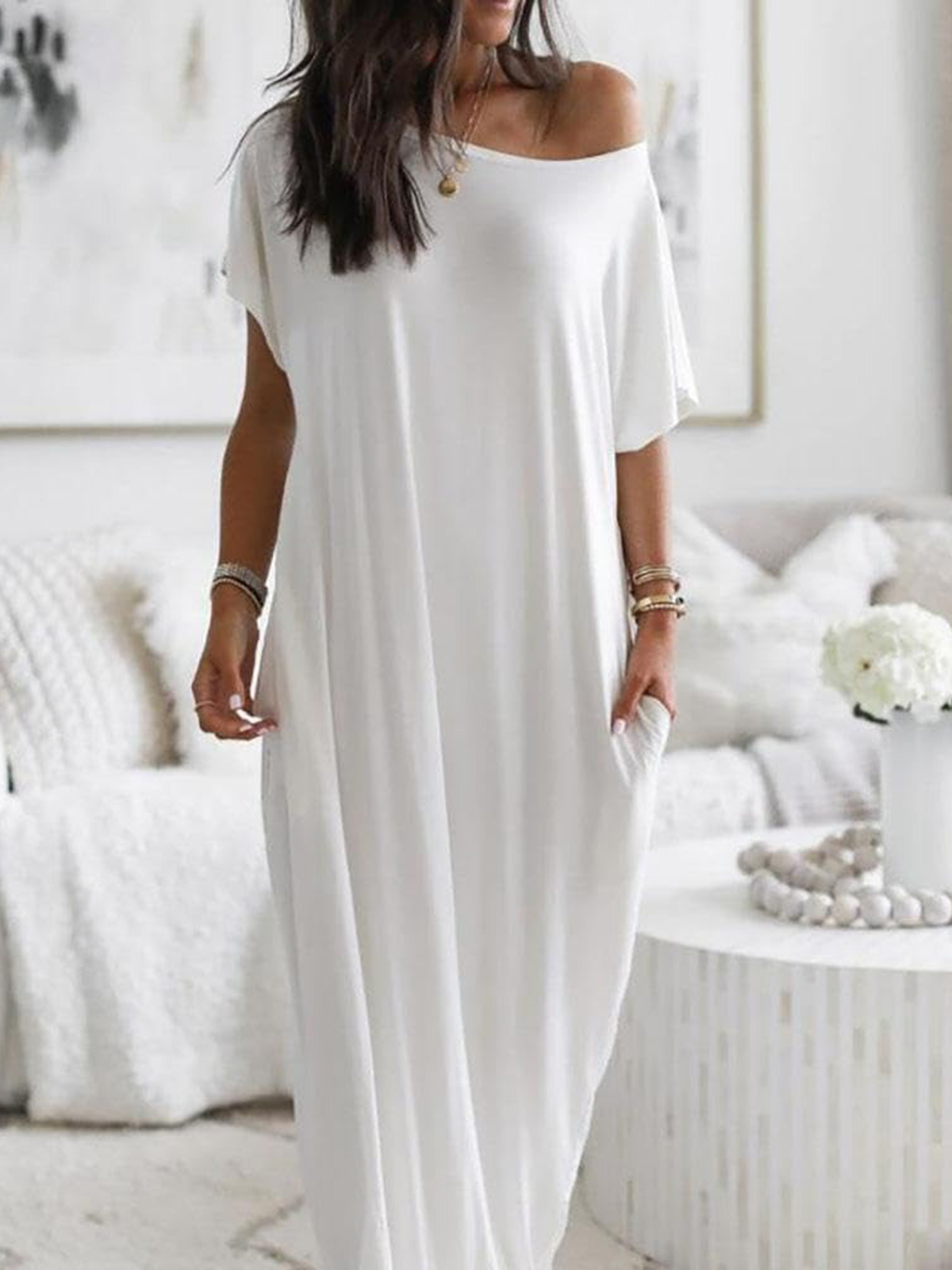 Women's Off-shoulder Solid Color Bat Sleeve Dress Casual Long Dress(BUY 2 FREE SHIPPING)