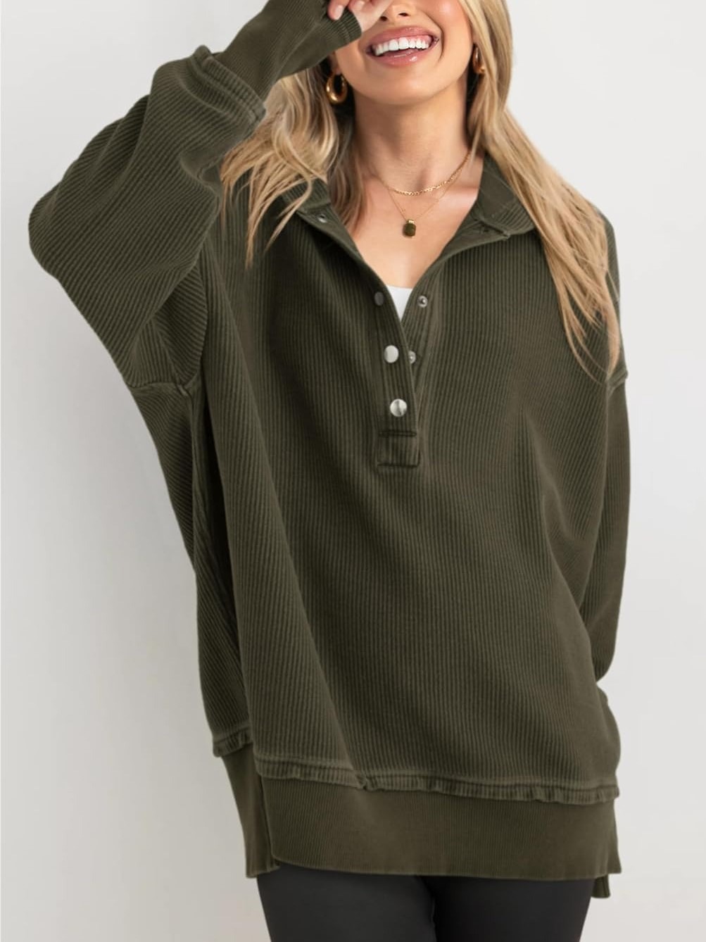 Women's Oversized Button Down V Neck Sweatshirt Side Slit Hoodie