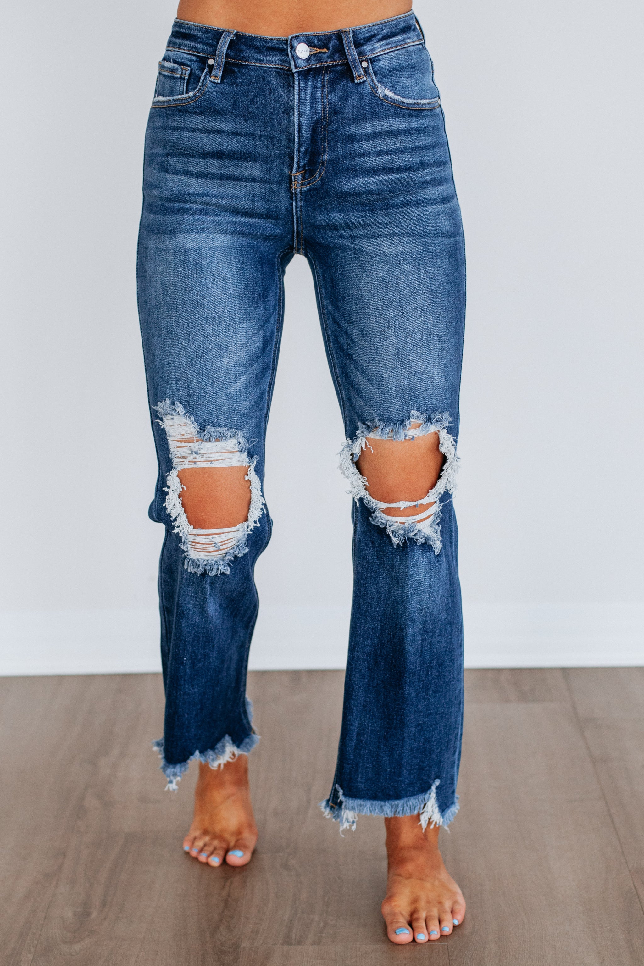 High Rise Straight Leg Jeans Ripped Knee Distressed (buy 2 free shipping)