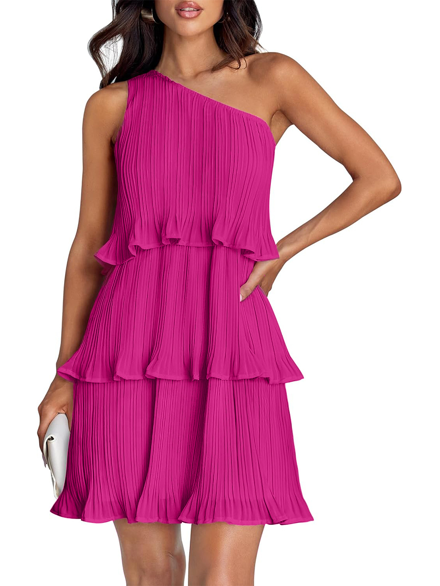 Women's Summer One Shoulder Ruffle Tiered Layered Chiffon Flowy A Line Dress