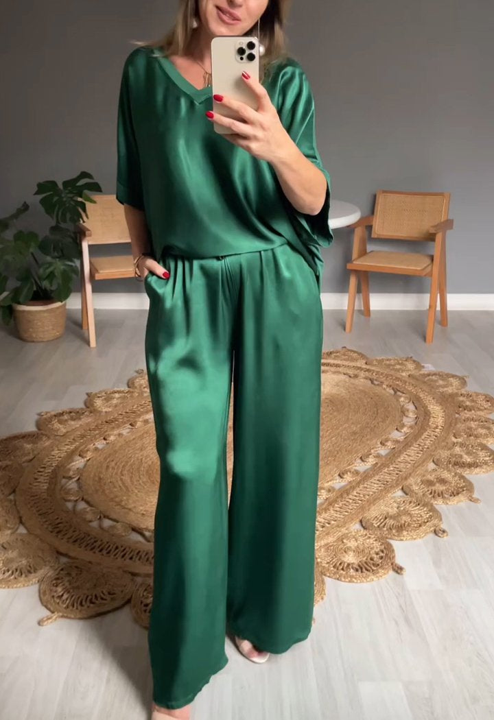 HOT SALE V-neck Satin Top and Wide Leg Two-piece Set