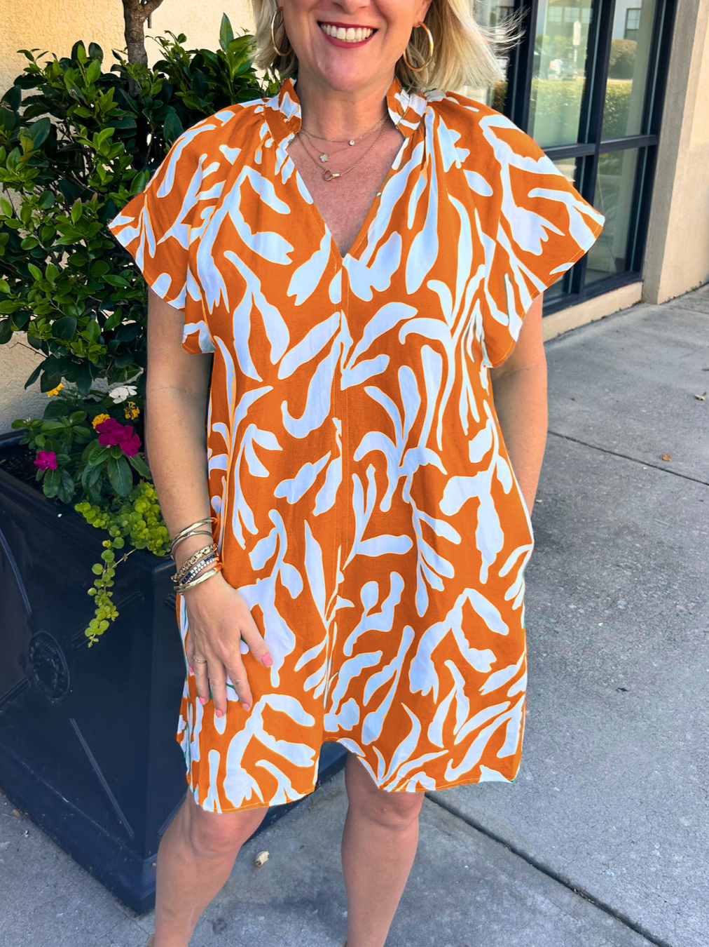 Printed V Neck Ruffled Dress