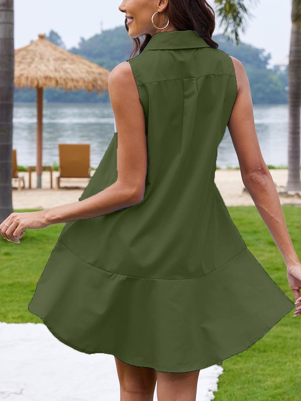 Women's Sleeveless Button Shirt Dress with Pockets