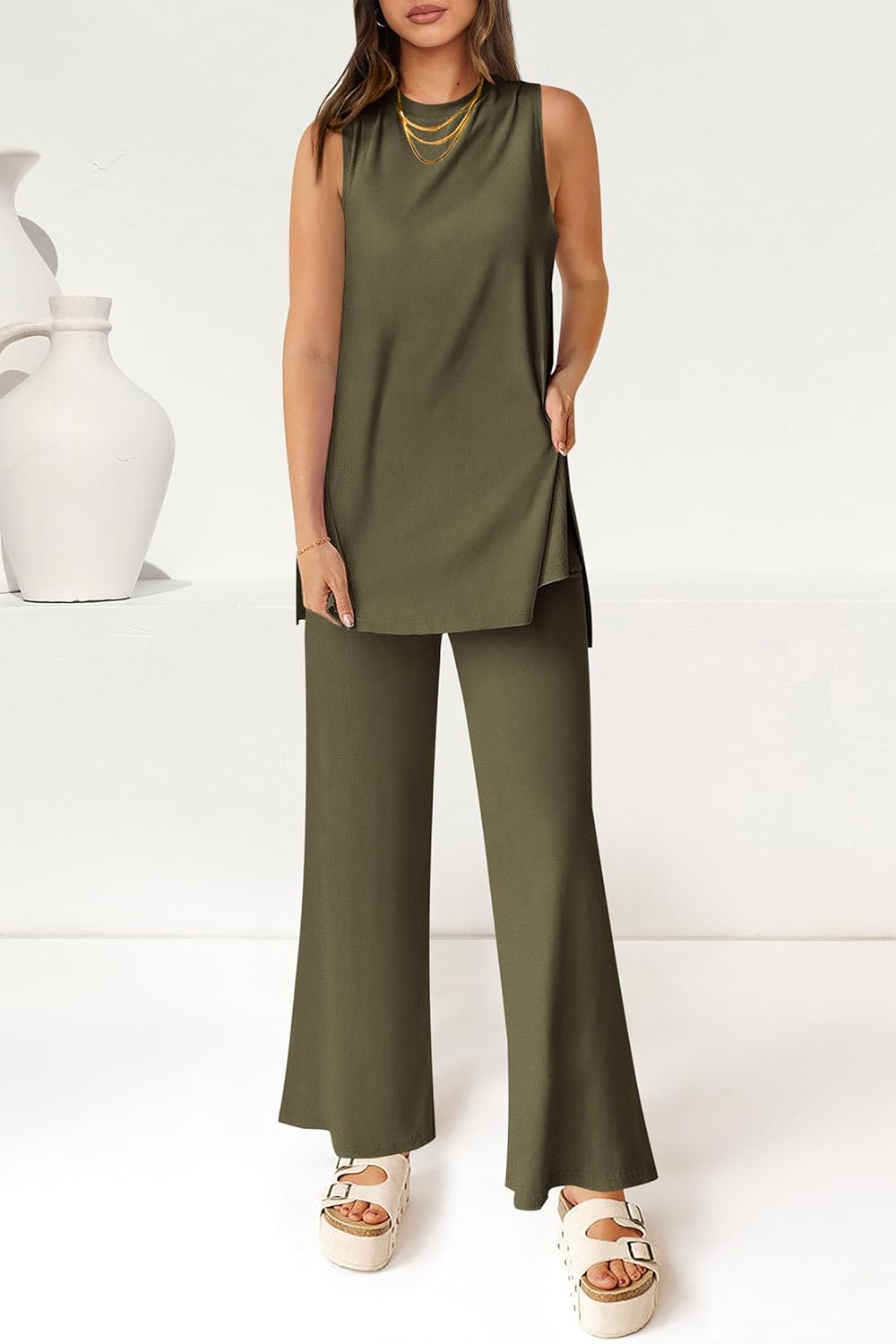 Women's Casual Loose Tank Top Wide Leg Pants 2 Piece Lounge Set