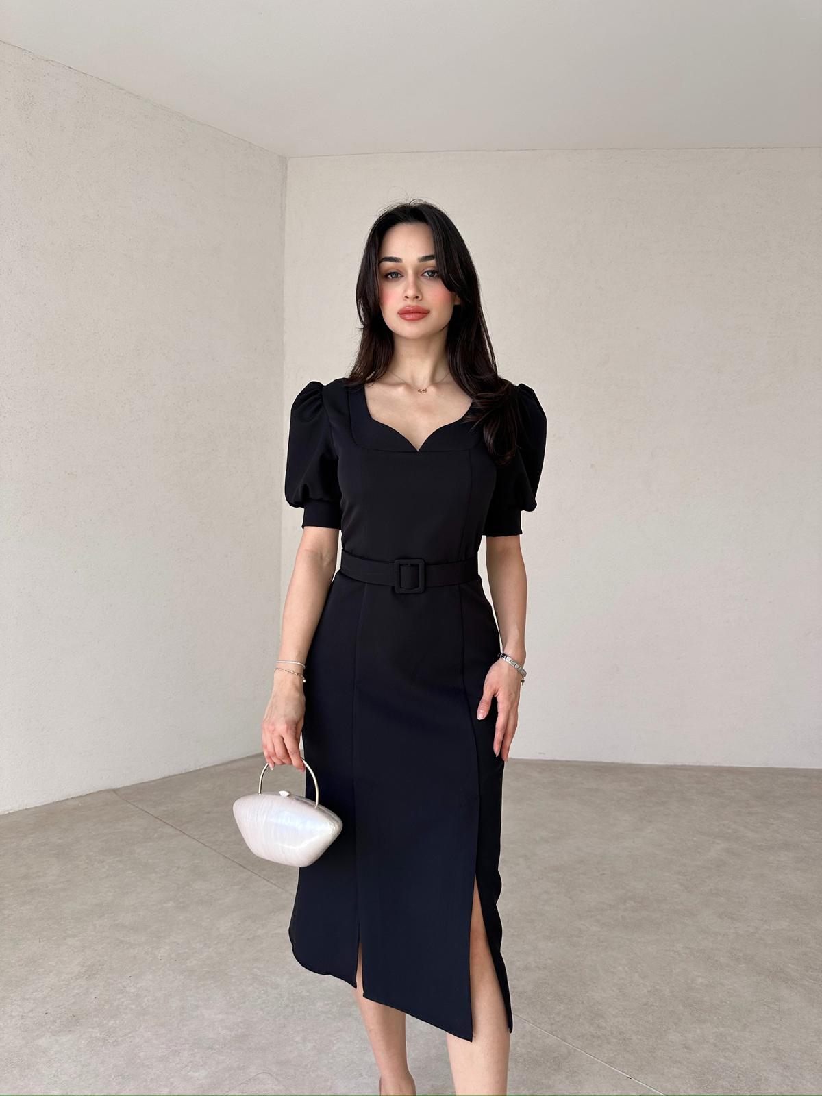 Women's Belted Short Sleeve Slit Midi Dress