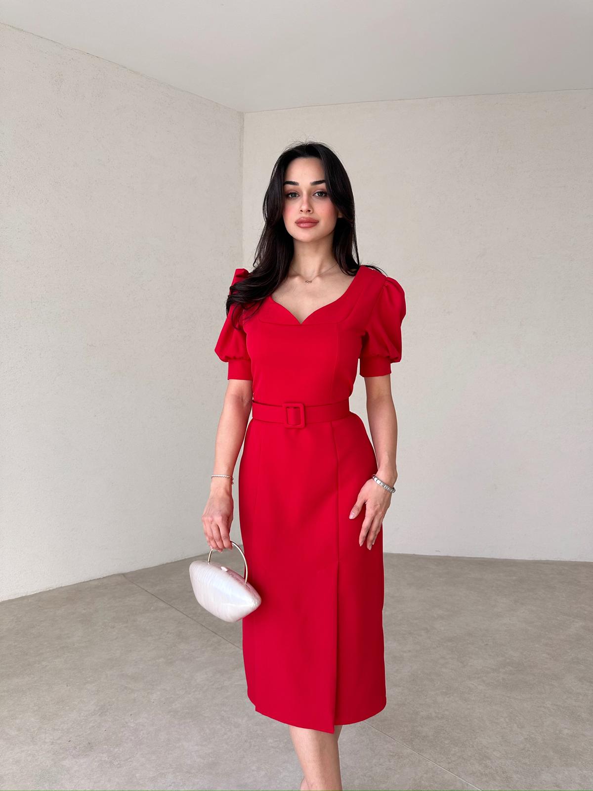 Women's Belted Short Sleeve Slit Midi Dress