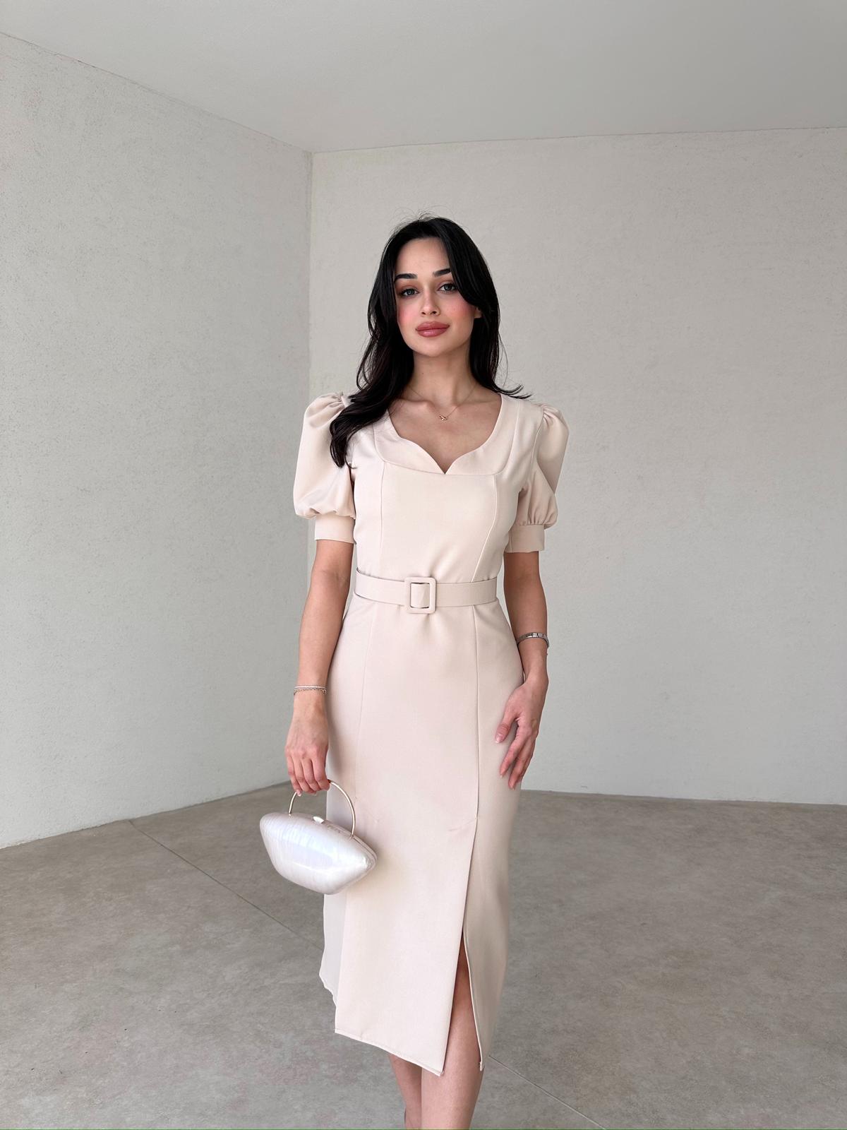 Women's Belted Short Sleeve Slit Midi Dress