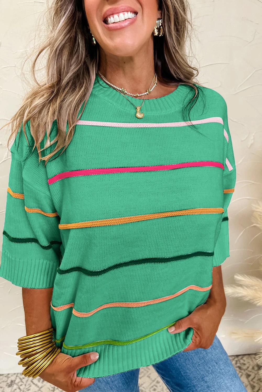 Women's Crew Neck Knit Striped Half Sleeve Drop Shoulder Sweater