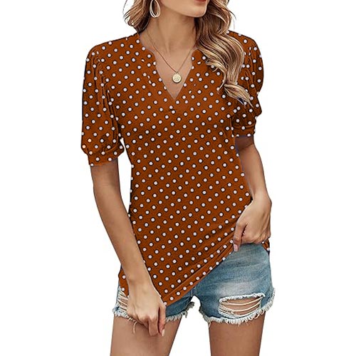 Women's Polka Dot V-neck Short Sleeve Shirt Puff Sleeve Top(BUY 3 FREE SHIPPING)