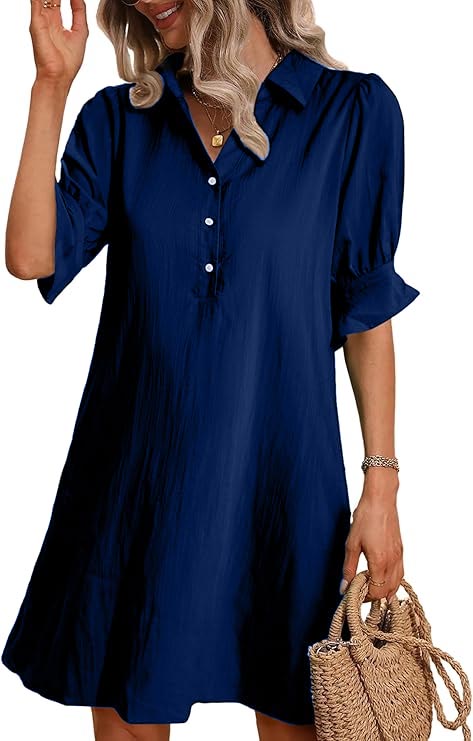 Womens Casual Shirt Dress Ruffle Sleeve Solid Color Button Down
