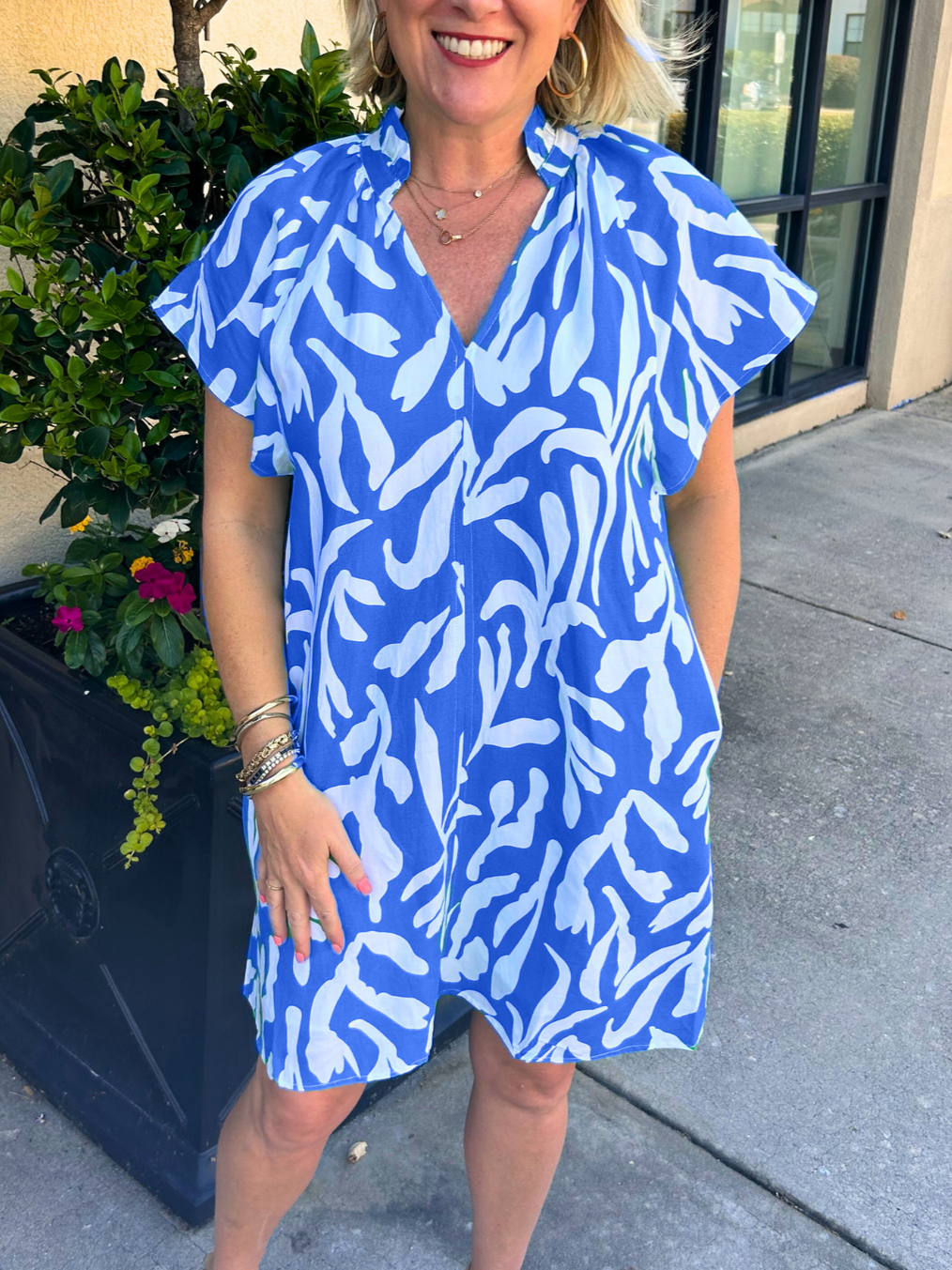 Printed V Neck Ruffled Dress