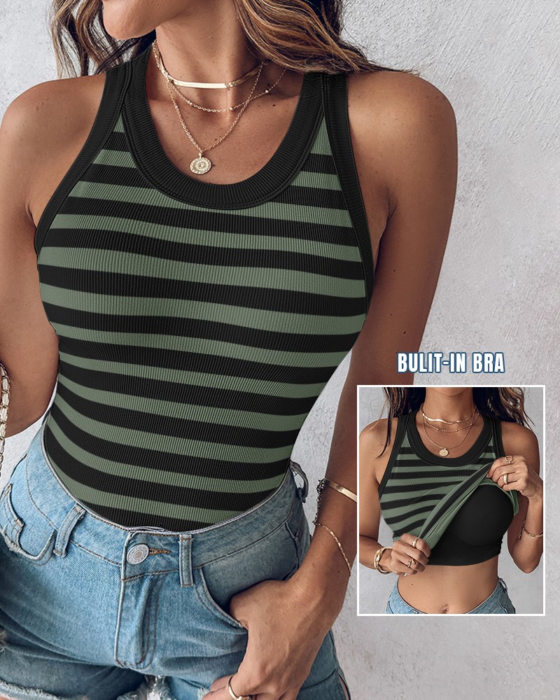Womens Built-in Bra Terry Towelling Lined Crewneck Tank Top
