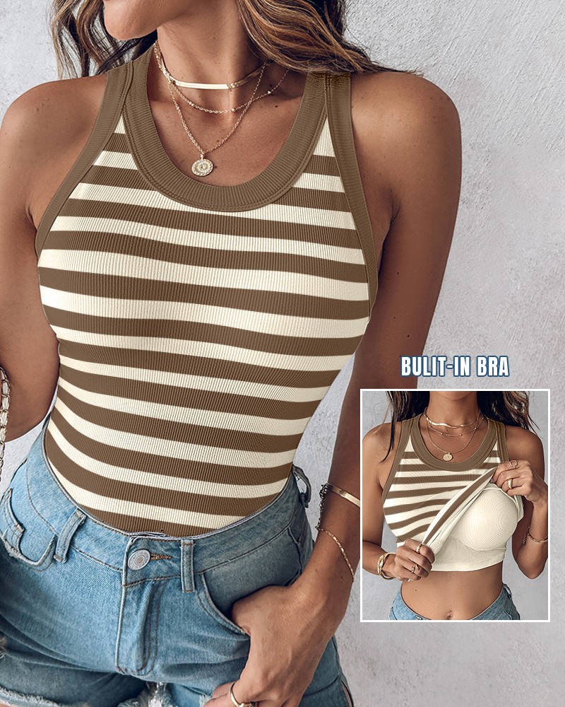 Womens Built-in Bra Terry Towelling Lined Crewneck Tank Top