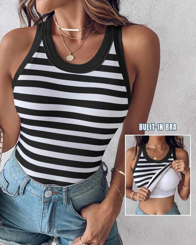 Womens Built-in Bra Terry Towelling Lined Crewneck Tank Top