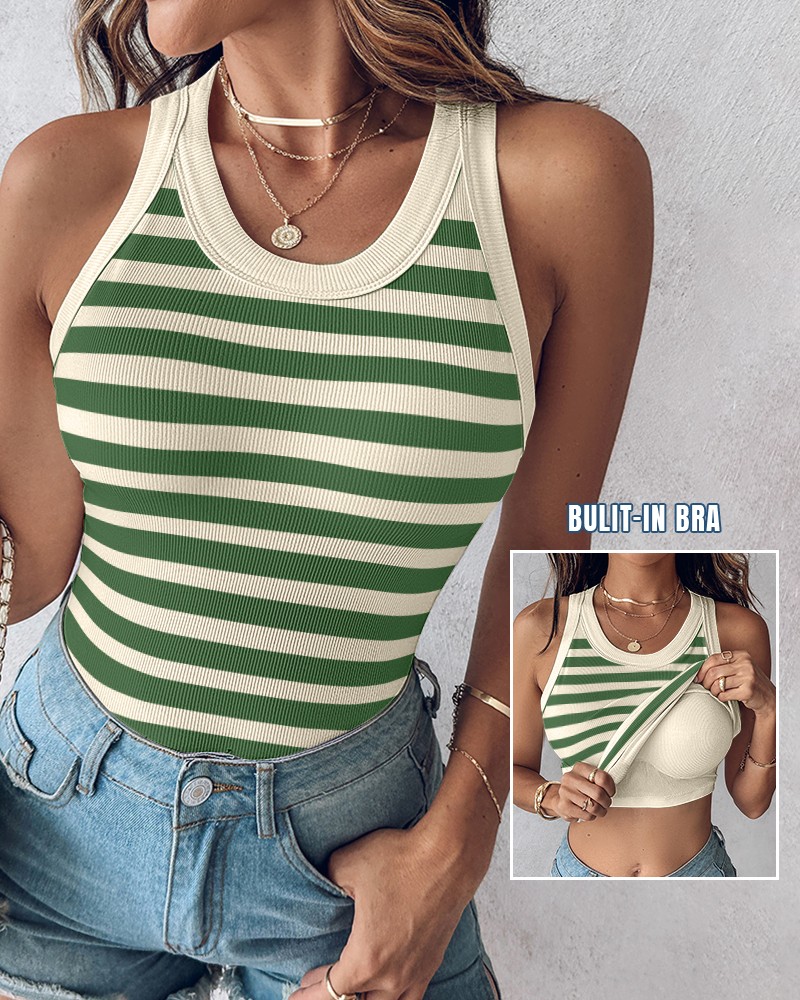 Womens Built-in Bra Terry Towelling Lined Crewneck Tank Top