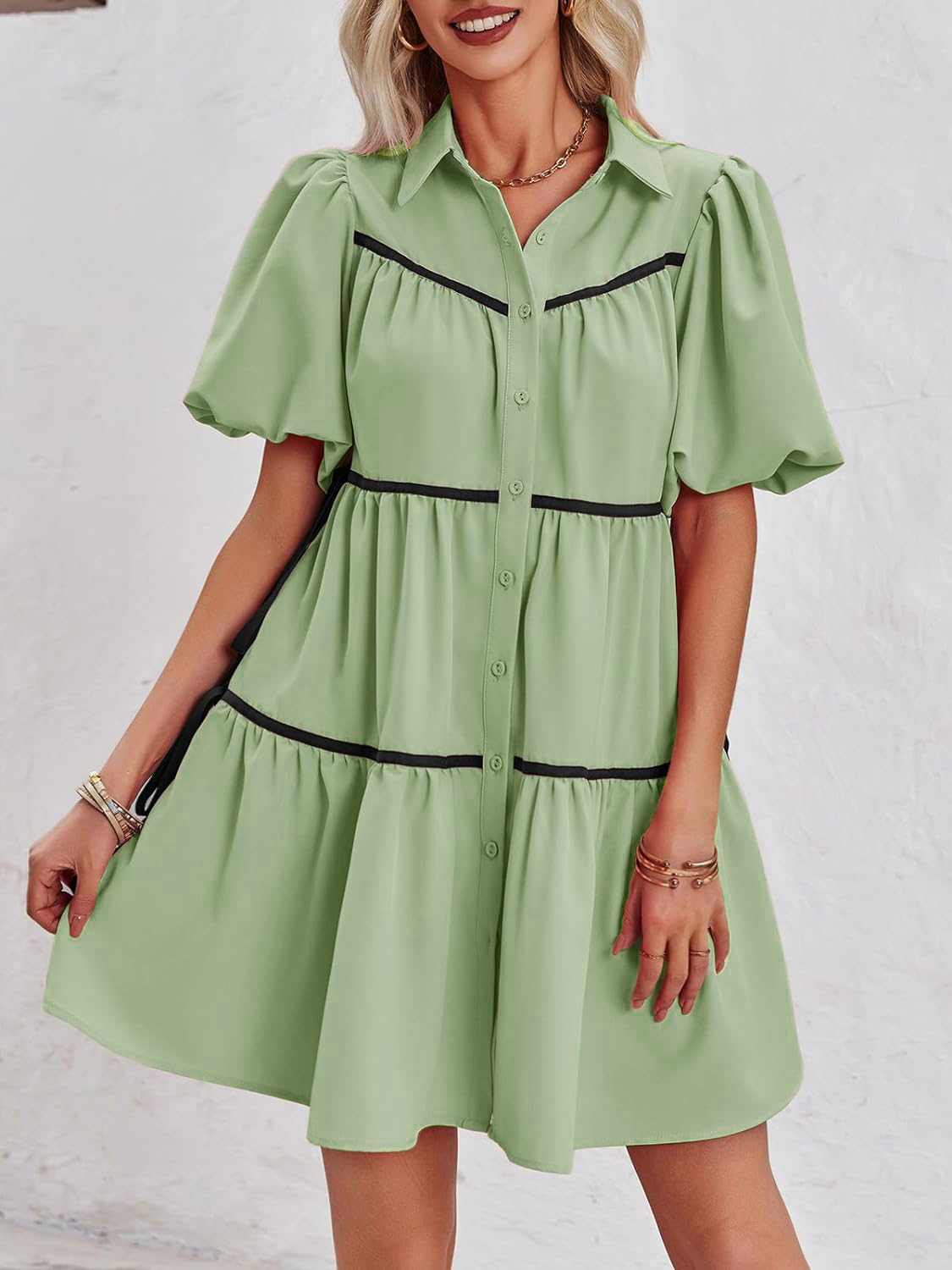 🔥Summer Contrasting Puff Short Sleeve Tiered Mini Dress (Buy 2 Free Shipping)