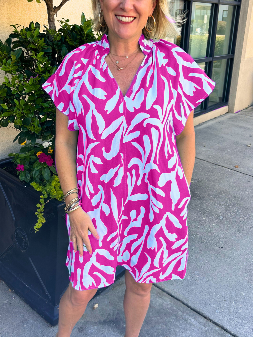 Printed V Neck Ruffled Dress