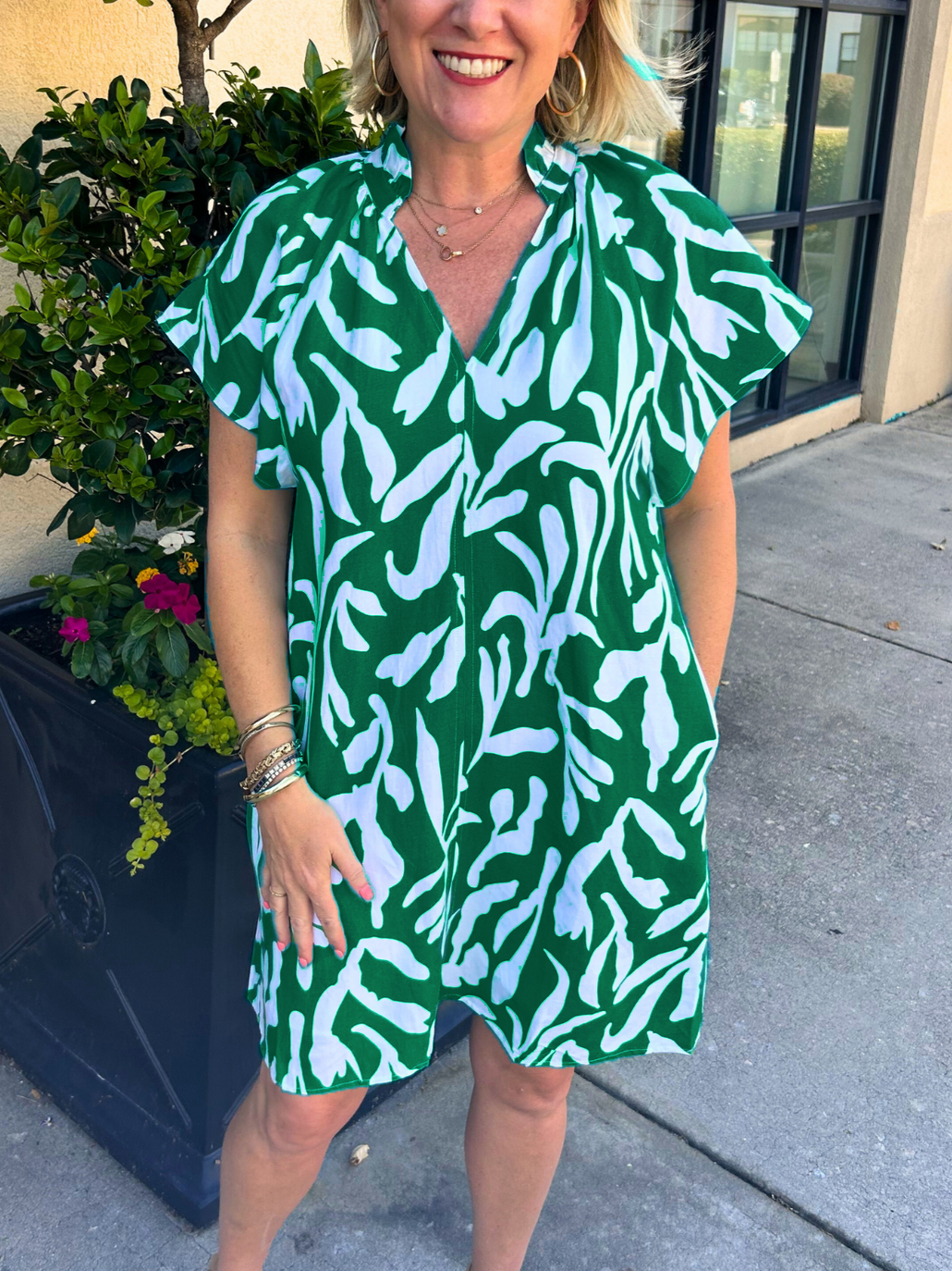 Printed V Neck Ruffled Dress