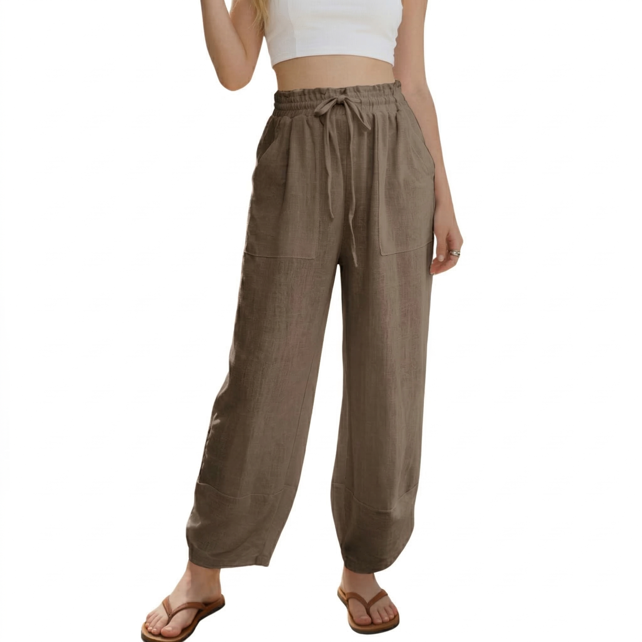 🔥Women's Linen Loose Casual Capri Pants Elastic Waistband with Pockets