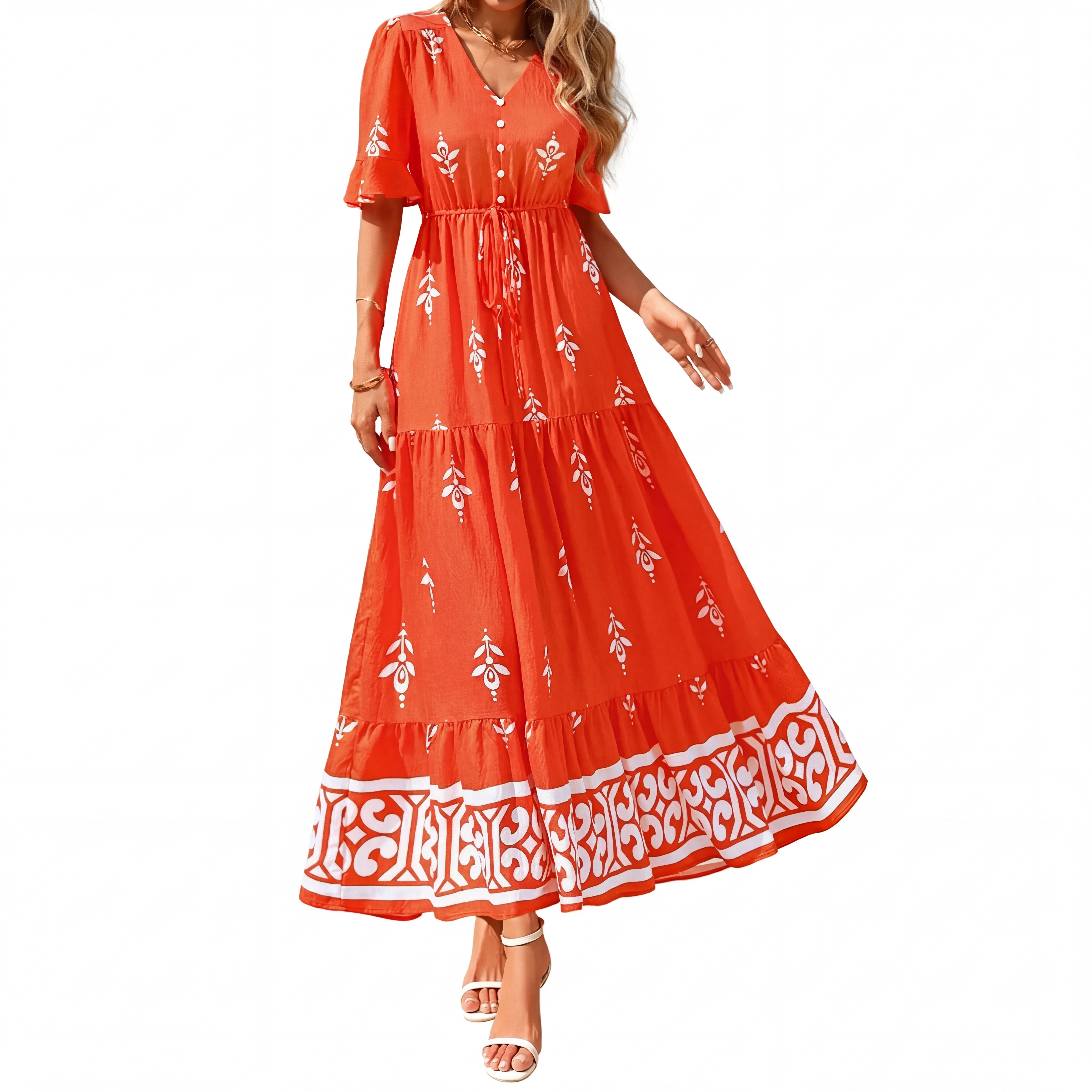 ✨2026 Women's Floral Short Sleeve V Neck Flowy A-Line Maxi Dress Pockets