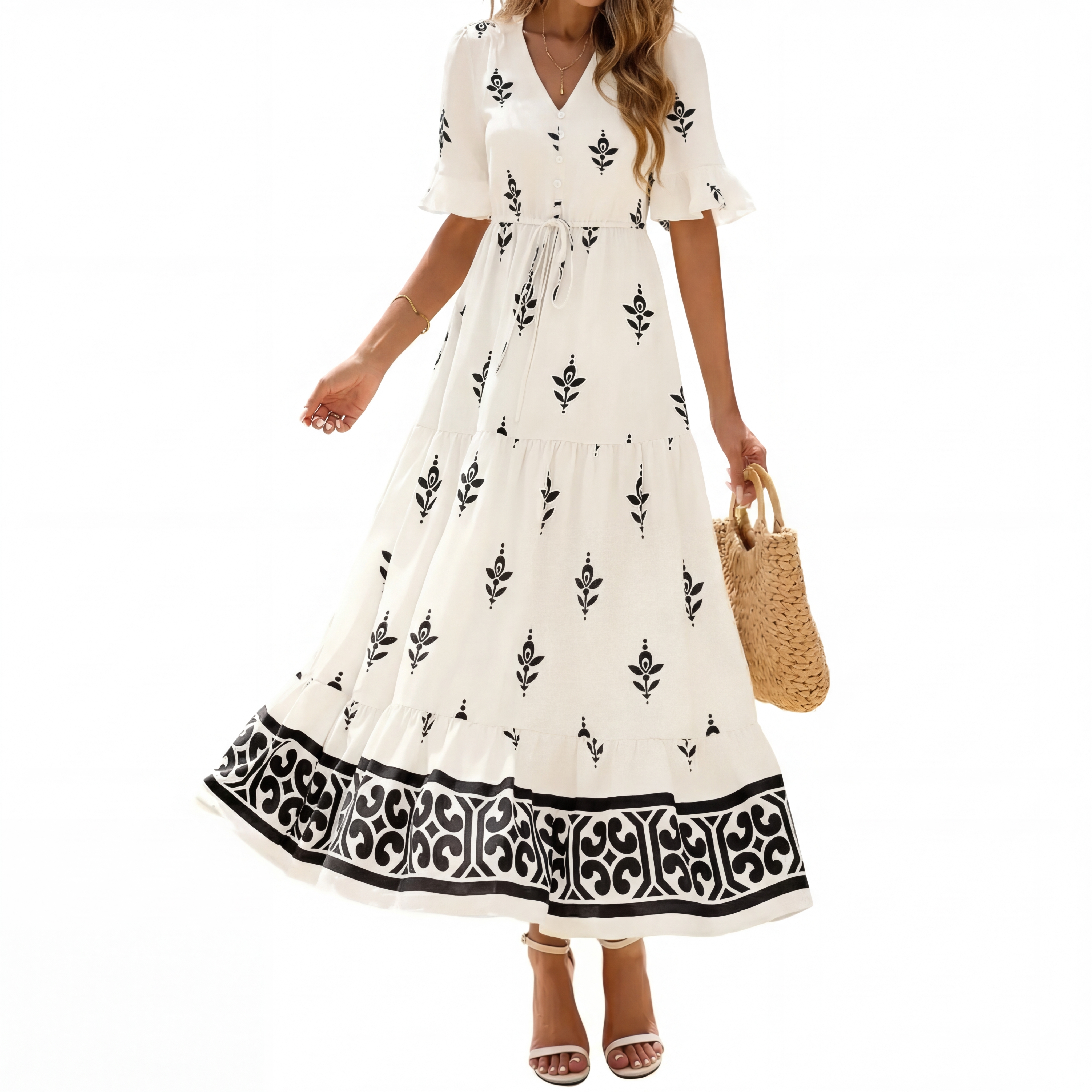 ✨2026 Women's Floral Short Sleeve V Neck Flowy A-Line Maxi Dress Pockets