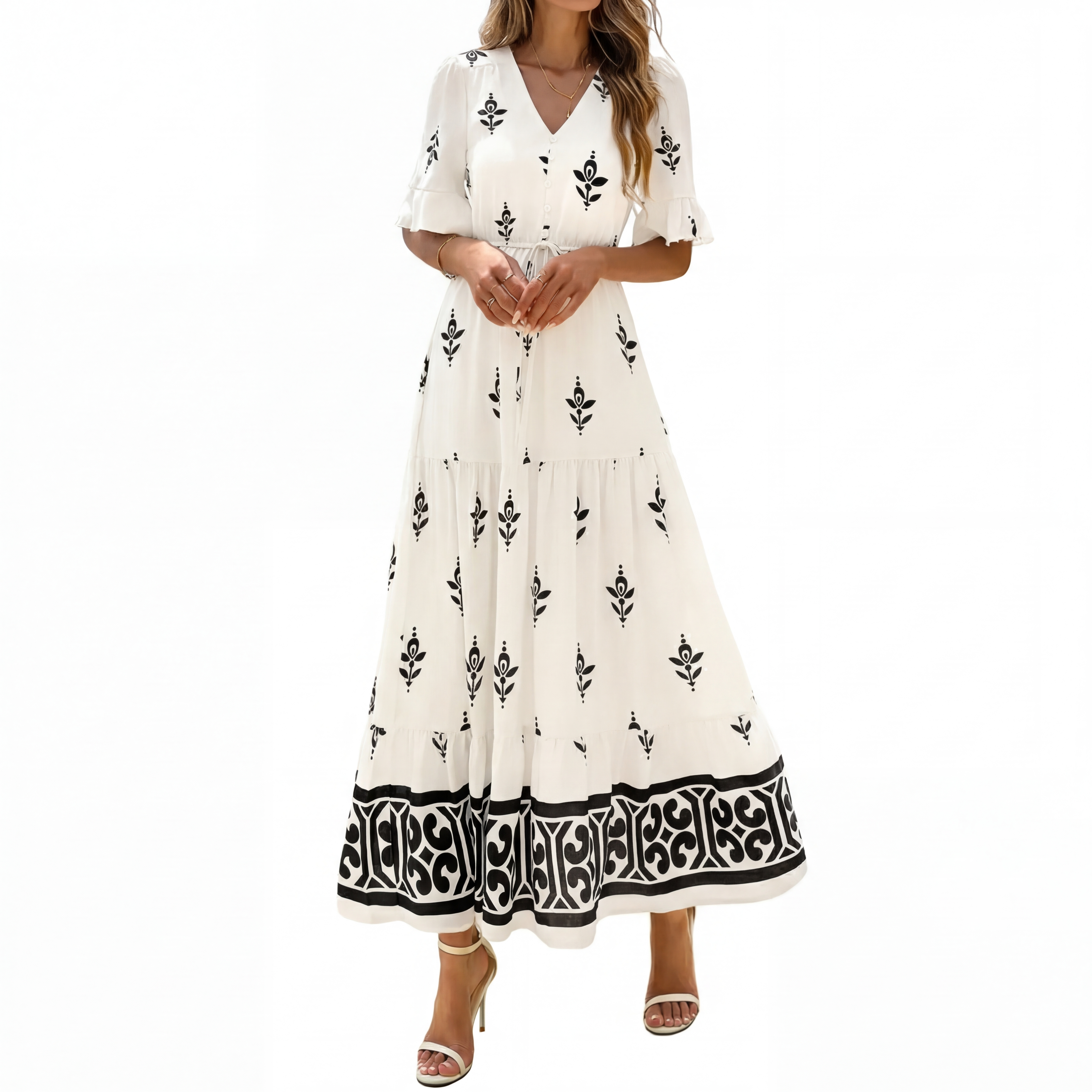 ✨2026 Women's Floral Short Sleeve V Neck Flowy A-Line Maxi Dress Pockets