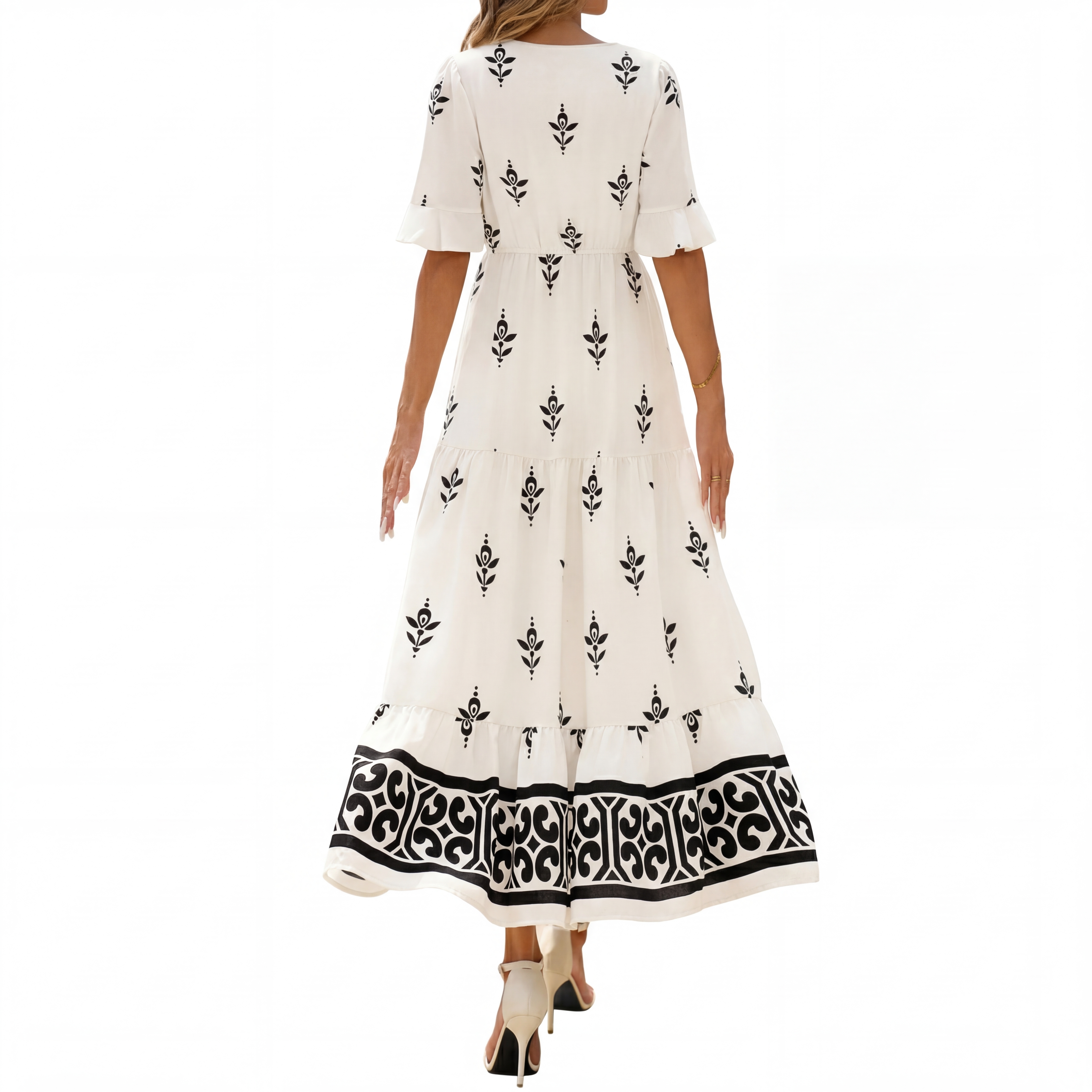 ✨2026 Women's Floral Short Sleeve V Neck Flowy A-Line Maxi Dress Pockets