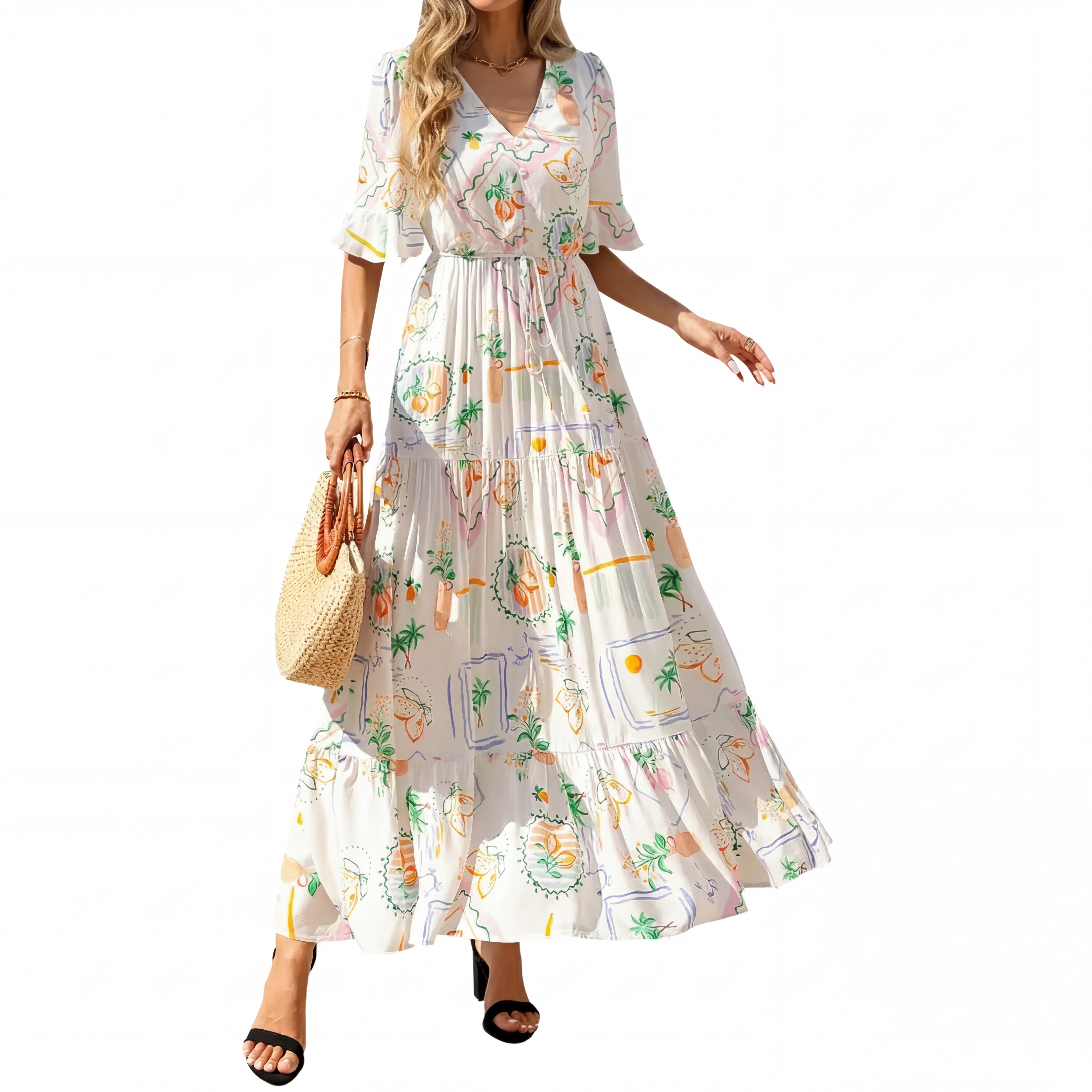✨2026 Women's Floral Short Sleeve V Neck Flowy A-Line Maxi Dress Pockets