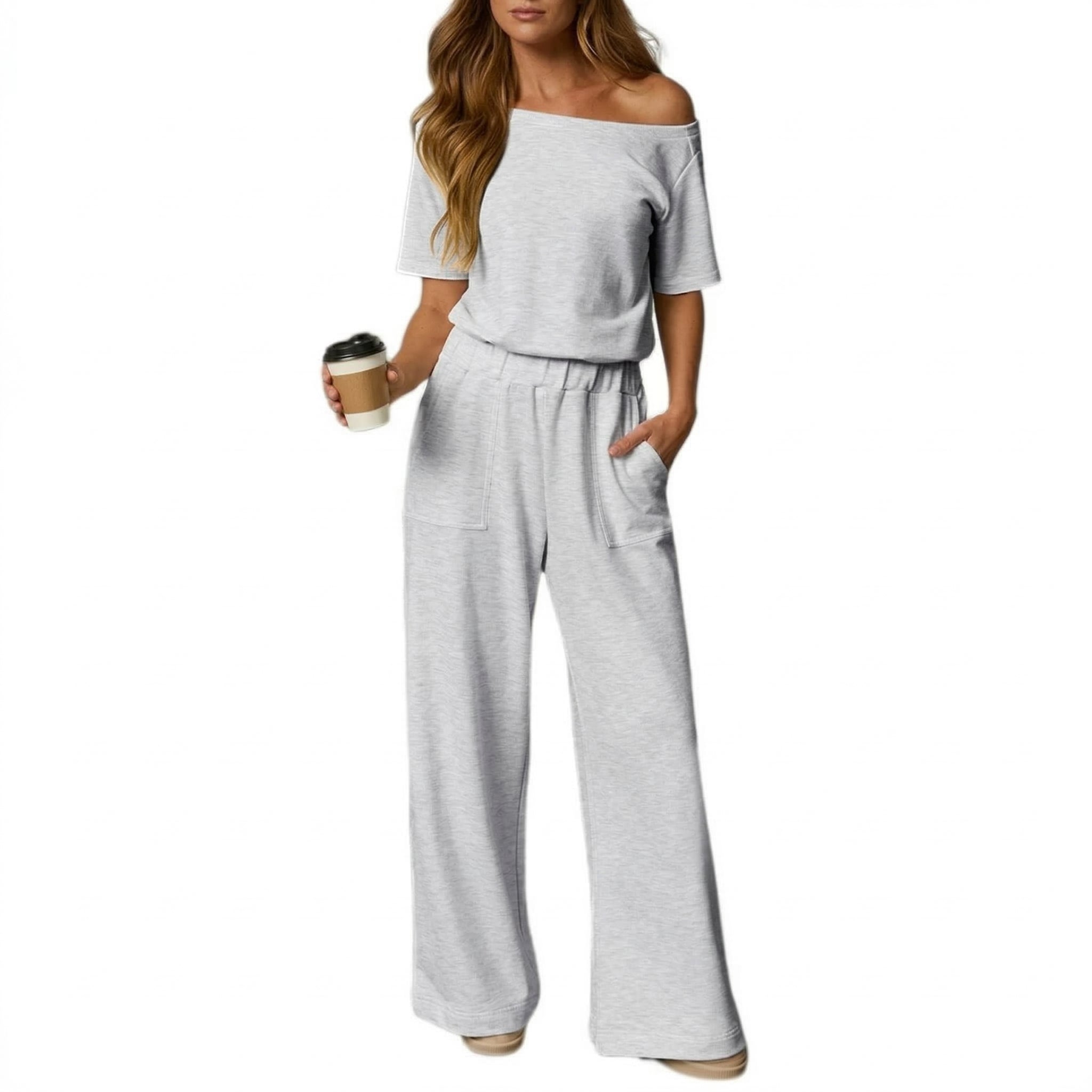 HOT SALE Women's Short Sleeve Back Cutout Casual Wide Leg Loose Fit One-Piece Jumpsuit