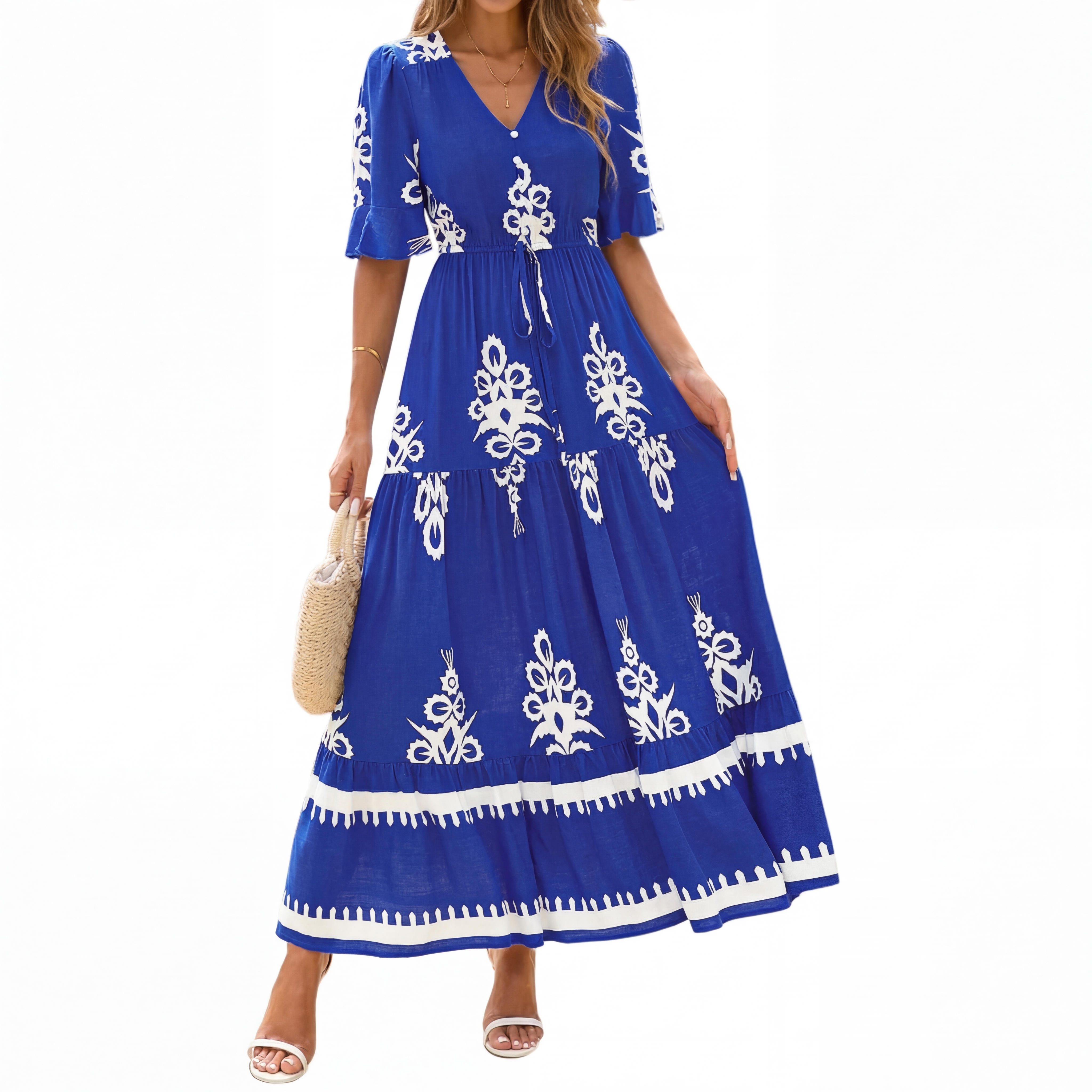 ✨2026 Women's Floral Short Sleeve V Neck Flowy A-Line Maxi Dress Pockets