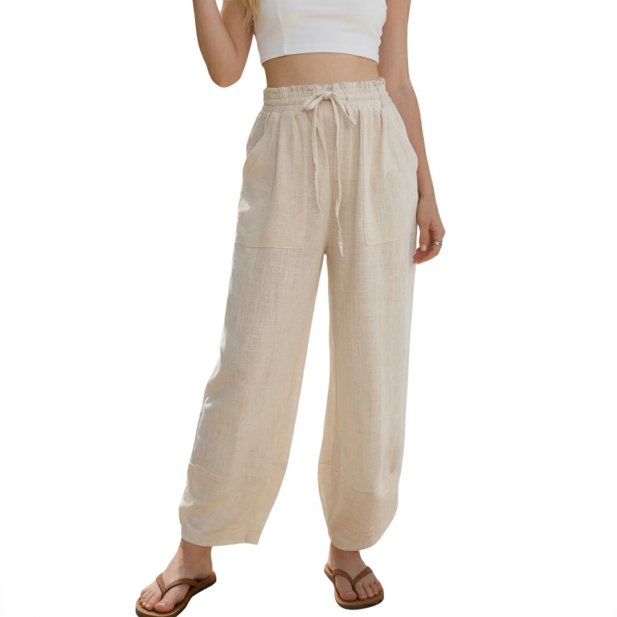 🔥Women's Linen Loose Casual Capri Pants Elastic Waistband with Pockets