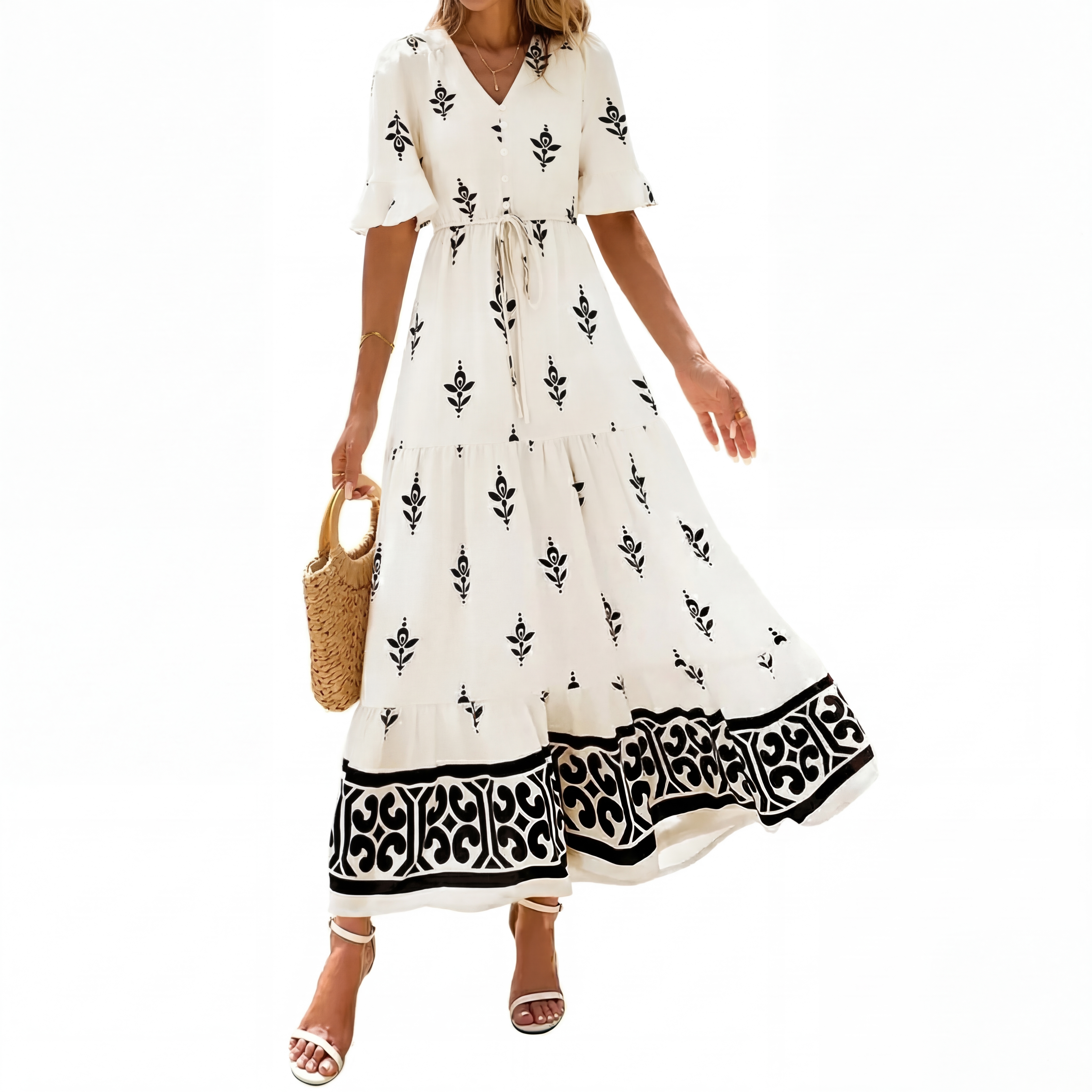 ✨2026 Women's Floral Short Sleeve V Neck Flowy A-Line Maxi Dress Pockets