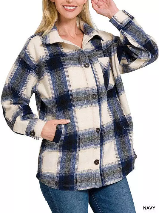  Oversized Yarn-Dyed Plaid Longline Shacket with Pockets