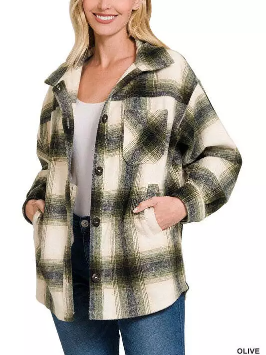  Oversized Yarn-Dyed Plaid Longline Shacket with Pockets